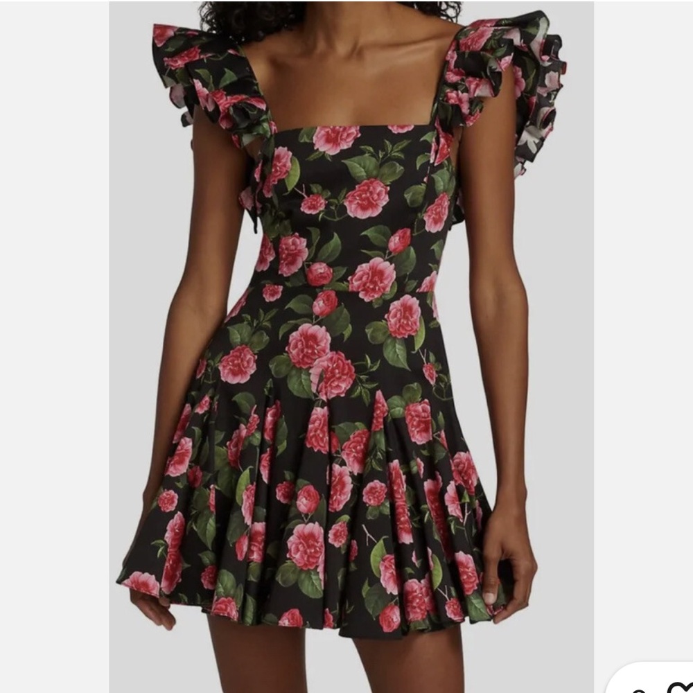 Alice + Olivia Black Floral Ruffle-Sleeve Fit & Flare Dress